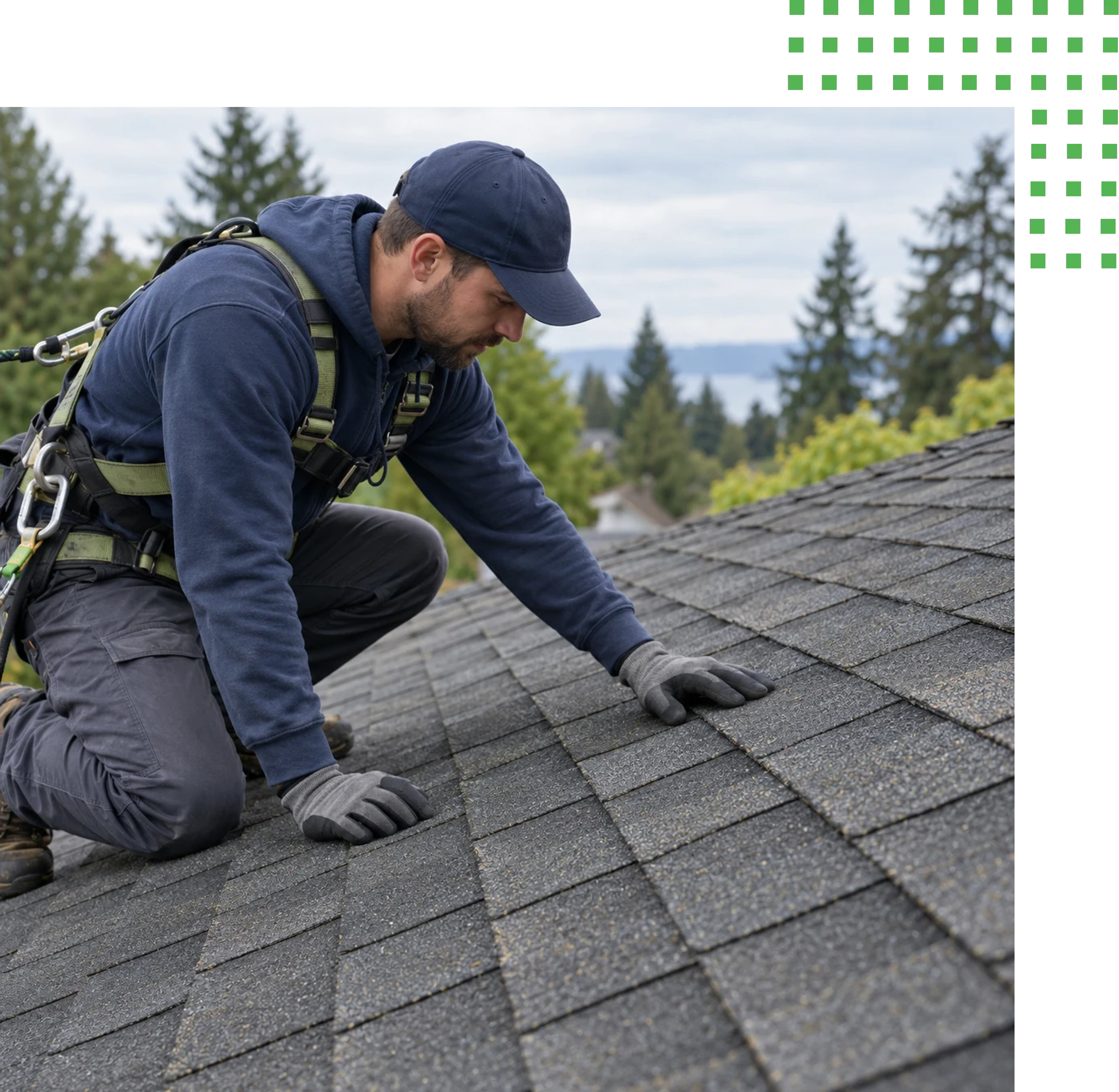 Illustration of a roof-care professional inspecting asphalt shingles